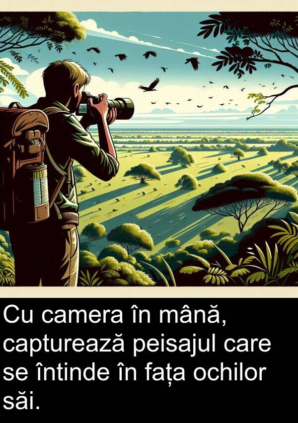 mână: Cu camera în mână, capturează peisajul care se întinde în fața ochilor săi.