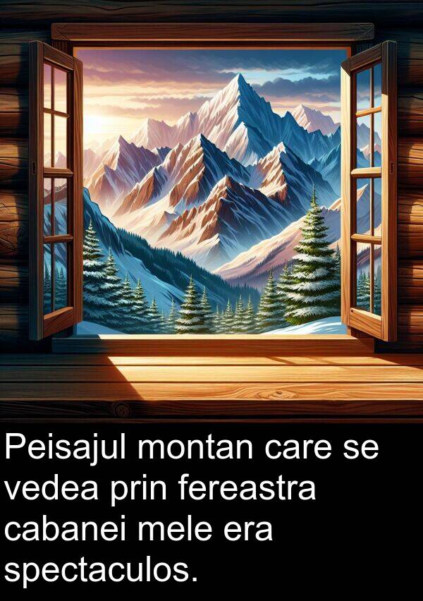 vedea: Peisajul montan care se vedea prin fereastra cabanei mele era spectaculos.