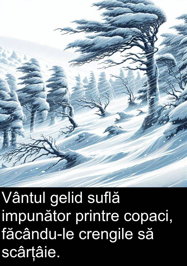 gelid: Vântul gelid suflă impunător printre copaci, făcându-le crengile să scârțâie.