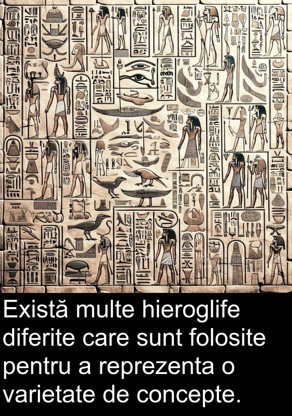 varietate: Există multe hieroglife diferite care sunt folosite pentru a reprezenta o varietate de concepte.