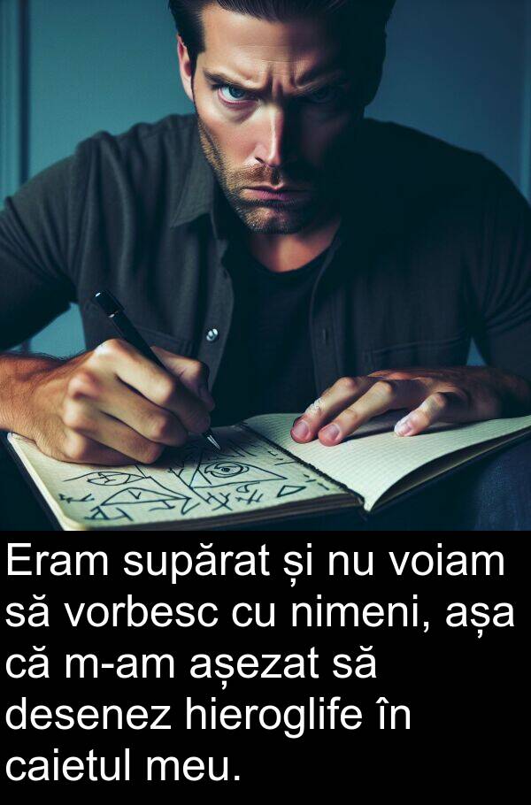 caietul: Eram supărat și nu voiam să vorbesc cu nimeni, așa că m-am așezat să desenez hieroglife în caietul meu.