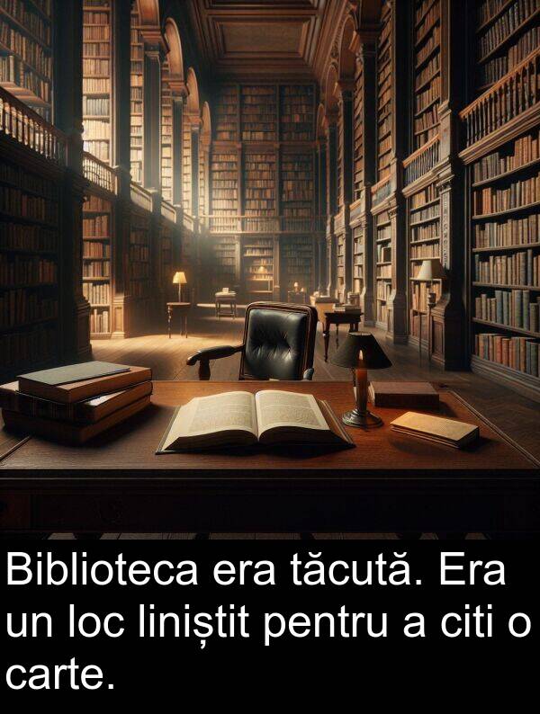 tăcută: Biblioteca era tăcută. Era un loc liniștit pentru a citi o carte.