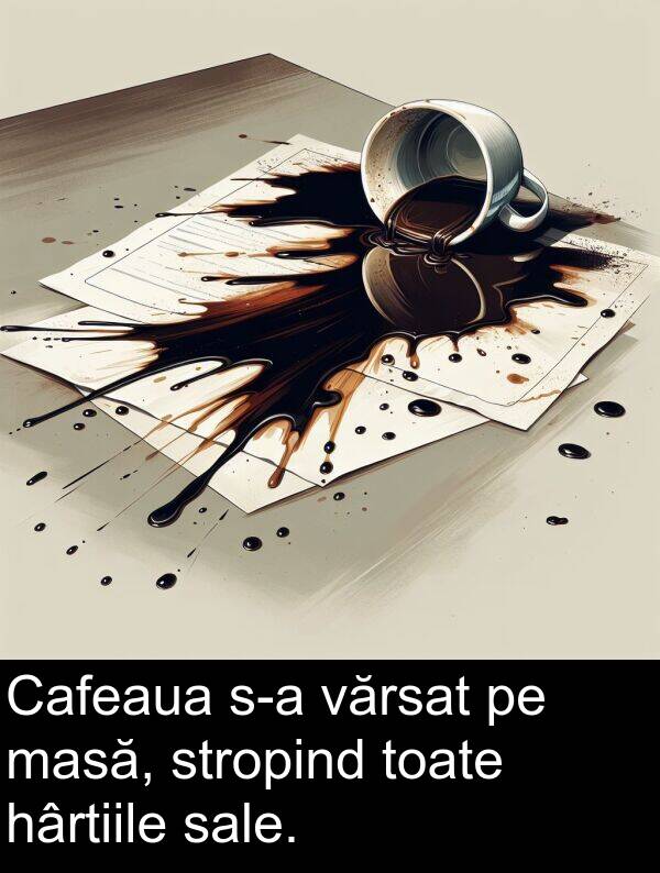 vărsat: Cafeaua s-a vărsat pe masă, stropind toate hârtiile sale.