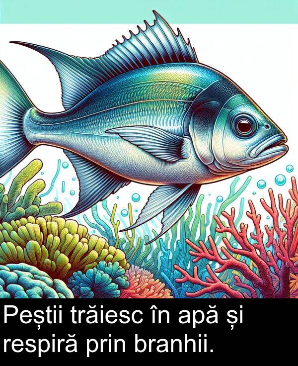 apă: Peștii trăiesc în apă și respiră prin branhii.