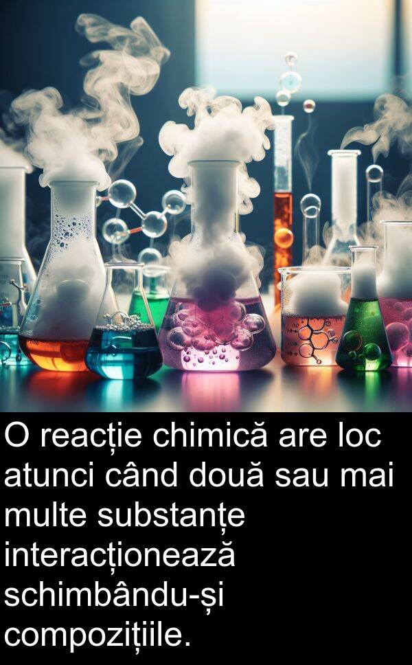 reacție: O reacție chimică are loc atunci când două sau mai multe substanțe interacționează schimbându-și compozițiile.