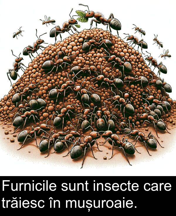 sunt: Furnicile sunt insecte care trăiesc în mușuroaie.