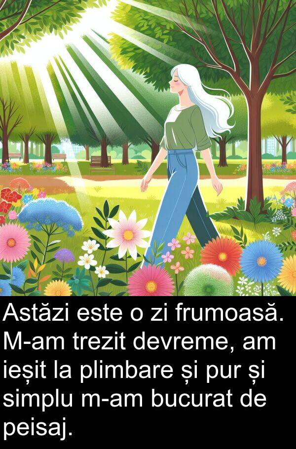 ieșit: Astăzi este o zi frumoasă. M-am trezit devreme, am ieșit la plimbare și pur și simplu m-am bucurat de peisaj.