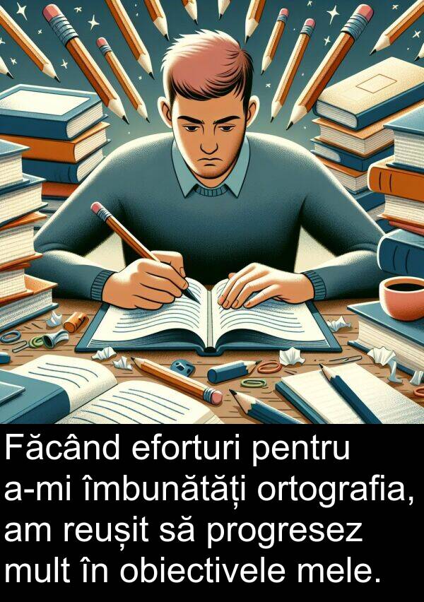 eforturi: Făcând eforturi pentru a-mi îmbunătăți ortografia, am reușit să progresez mult în obiectivele mele.