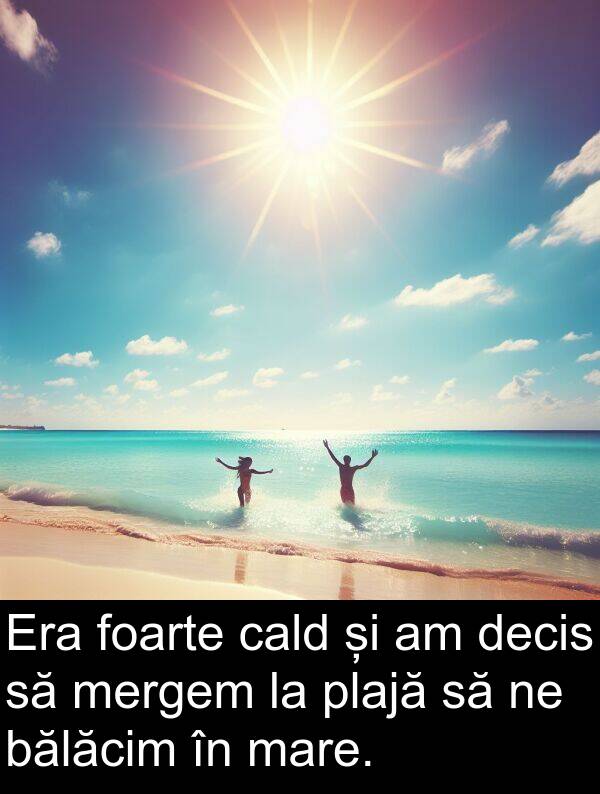decis: Era foarte cald și am decis să mergem la plajă să ne bălăcim în mare.