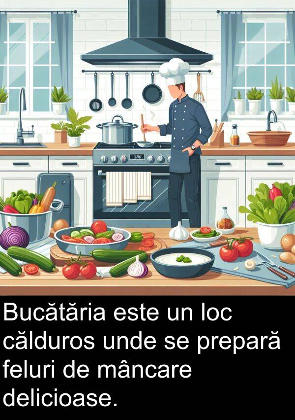 mâncare: Bucătăria este un loc călduros unde se prepară feluri de mâncare delicioase.