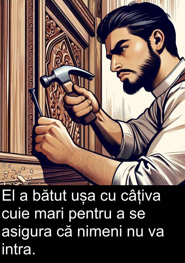 câțiva: El a bătut ușa cu câțiva cuie mari pentru a se asigura că nimeni nu va intra.