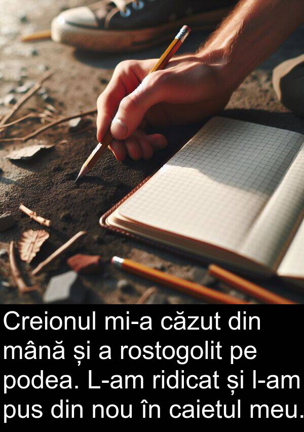 mână: Creionul mi-a căzut din mână și a rostogolit pe podea. L-am ridicat și l-am pus din nou în caietul meu.