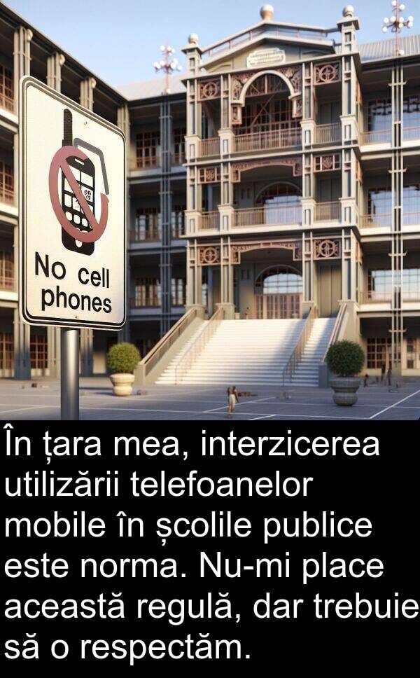 școlile: În țara mea, interzicerea utilizării telefoanelor mobile în școlile publice este norma. Nu-mi place această regulă, dar trebuie să o respectăm.