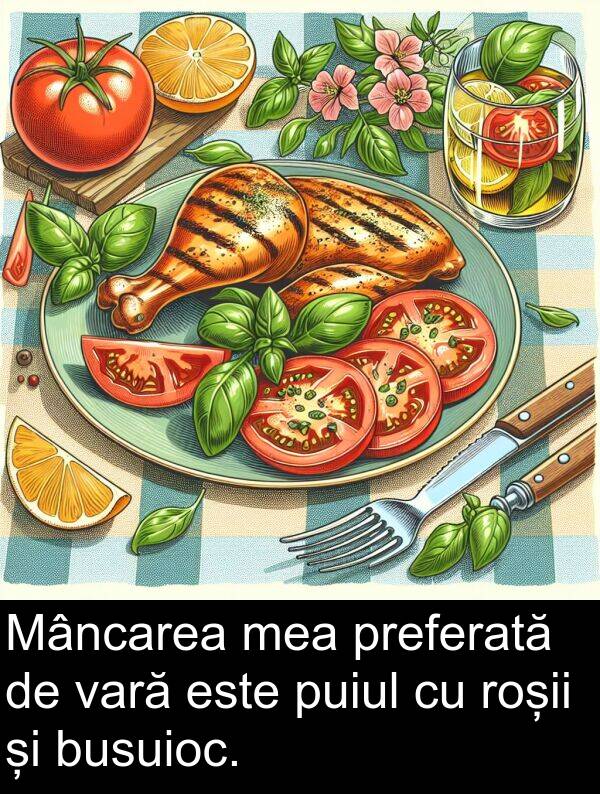 vară: Mâncarea mea preferată de vară este puiul cu roșii și busuioc.
