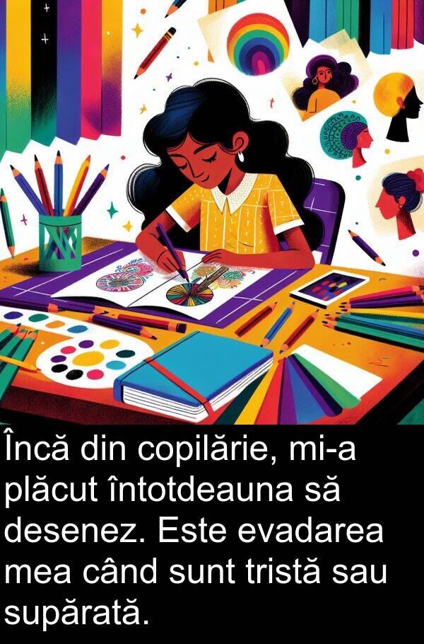desenez: Încă din copilărie, mi-a plăcut întotdeauna să desenez. Este evadarea mea când sunt tristă sau supărată.