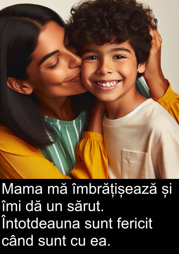 îmbrățișează: Mama mă îmbrățișează și îmi dă un sărut. Întotdeauna sunt fericit când sunt cu ea.