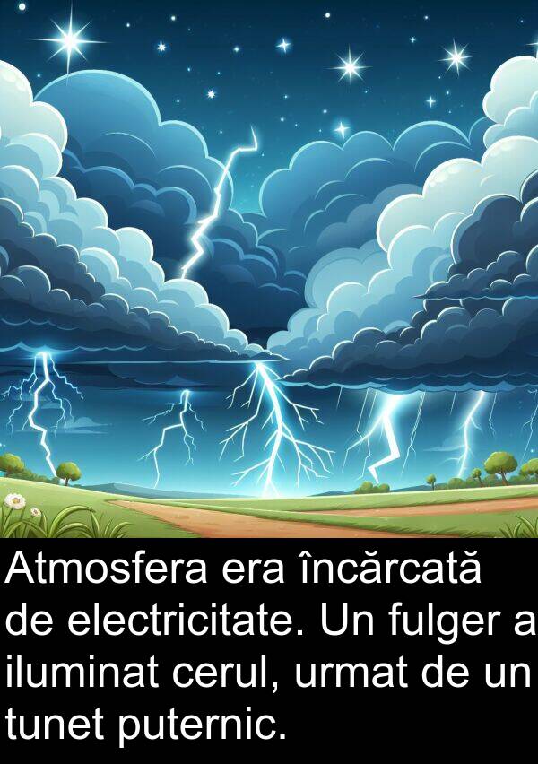 iluminat: Atmosfera era încărcată de electricitate. Un fulger a iluminat cerul, urmat de un tunet puternic.