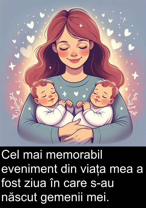 ziua: Cel mai memorabil eveniment din viața mea a fost ziua în care s-au născut gemenii mei.