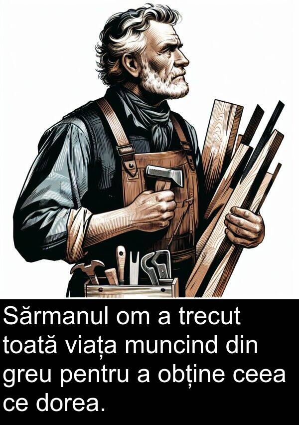 obține: Sărmanul om a trecut toată viața muncind din greu pentru a obține ceea ce dorea.