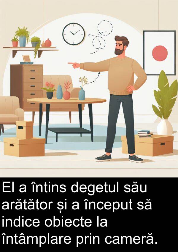obiecte: El a întins degetul său arătător și a început să indice obiecte la întâmplare prin cameră.