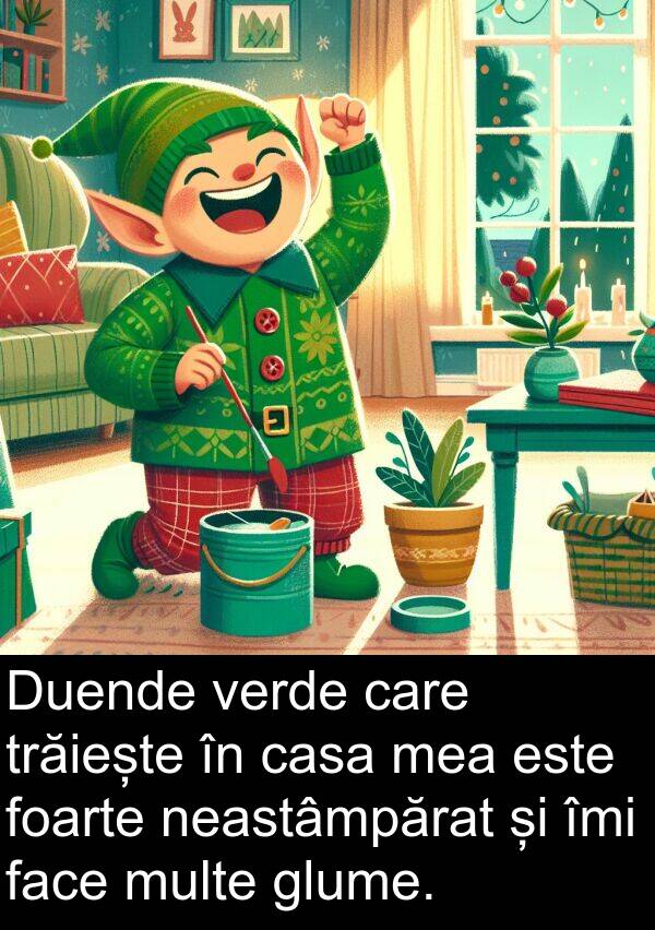 neastâmpărat: Duende verde care trăiește în casa mea este foarte neastâmpărat și îmi face multe glume.