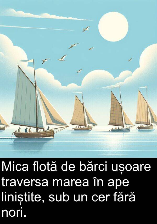 bărci: Mica flotă de bărci ușoare traversa marea în ape liniștite, sub un cer fără nori.