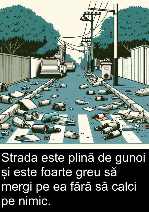 calci: Strada este plină de gunoi și este foarte greu să mergi pe ea fără să calci pe nimic.