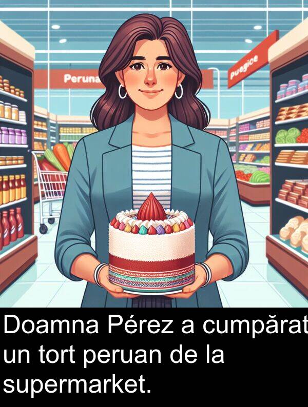 cumpărat: Doamna Pérez a cumpărat un tort peruan de la supermarket.