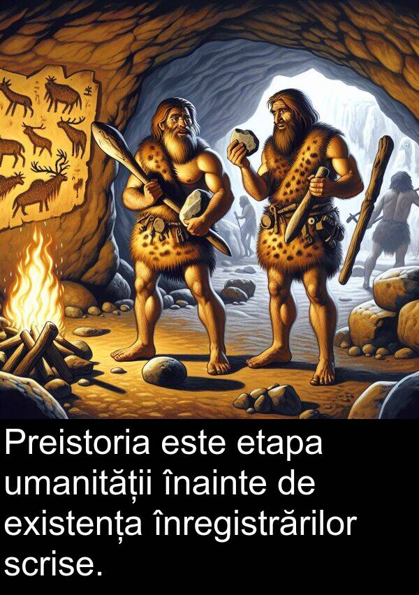 înainte: Preistoria este etapa umanității înainte de existența înregistrărilor scrise.