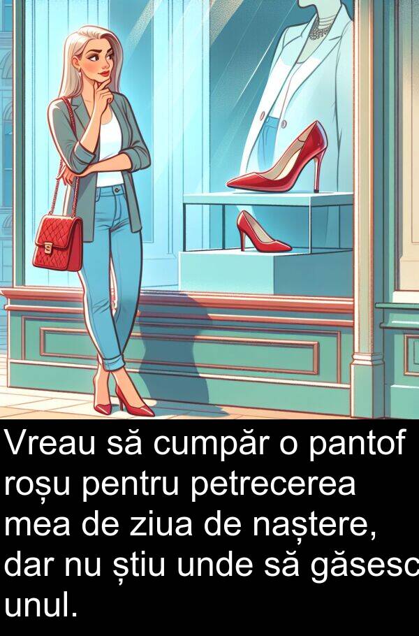 ziua: Vreau să cumpăr o pantof roșu pentru petrecerea mea de ziua de naștere, dar nu știu unde să găsesc unul.