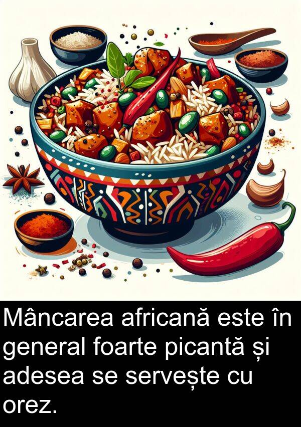 general: Mâncarea africană este în general foarte picantă și adesea se servește cu orez.