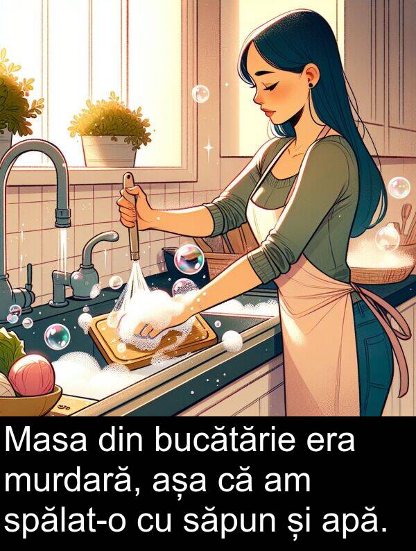săpun: Masa din bucătărie era murdară, așa că am spălat-o cu săpun și apă.