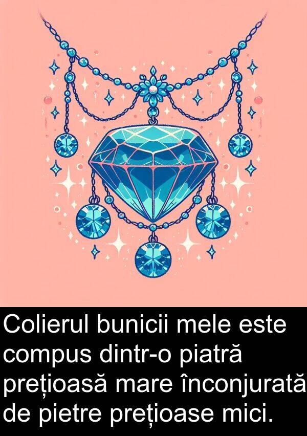prețioasă: Colierul bunicii mele este compus dintr-o piatră prețioasă mare înconjurată de pietre prețioase mici.