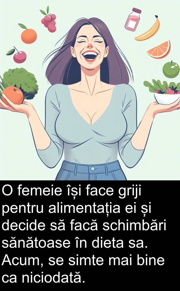 facă: O femeie își face griji pentru alimentația ei și decide să facă schimbări sănătoase în dieta sa. Acum, se simte mai bine ca niciodată.