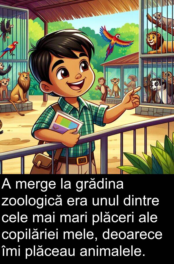 zoologică: A merge la grădina zoologică era unul dintre cele mai mari plăceri ale copilăriei mele, deoarece îmi plăceau animalele.
