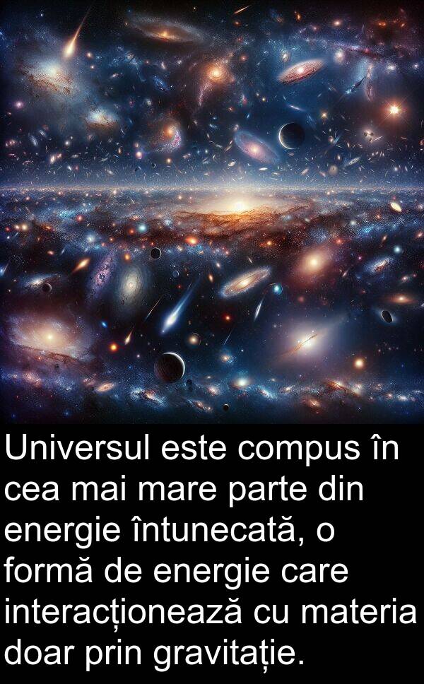 gravitație: Universul este compus în cea mai mare parte din energie întunecată, o formă de energie care interacționează cu materia doar prin gravitație.