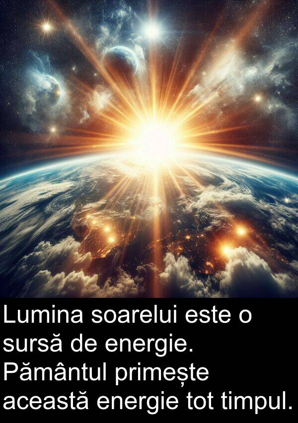 această: Lumina soarelui este o sursă de energie. Pământul primește această energie tot timpul.