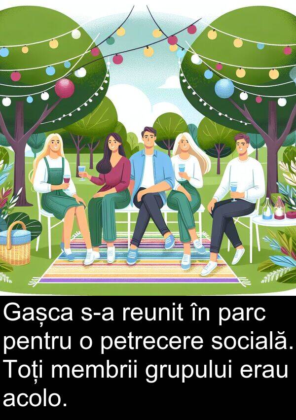 acolo: Gașca s-a reunit în parc pentru o petrecere socială. Toți membrii grupului erau acolo.