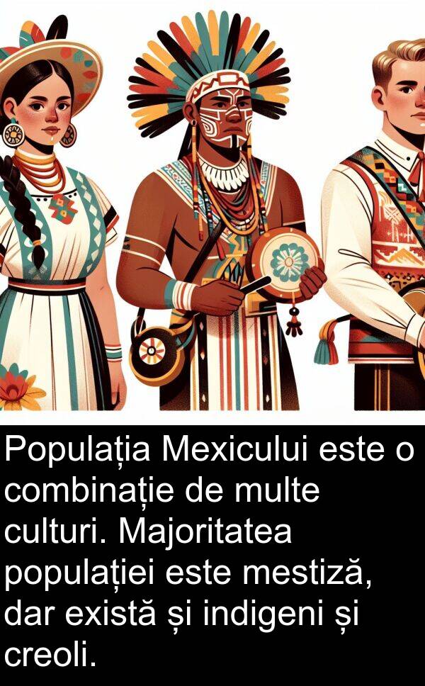 există: Populația Mexicului este o combinație de multe culturi. Majoritatea populației este mestiză, dar există și indigeni și creoli.