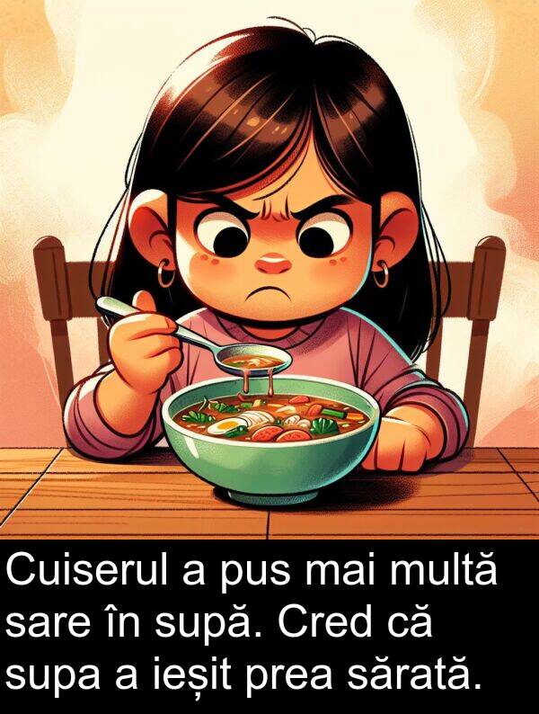 sare: Cuiserul a pus mai multă sare în supă. Cred că supa a ieșit prea sărată.