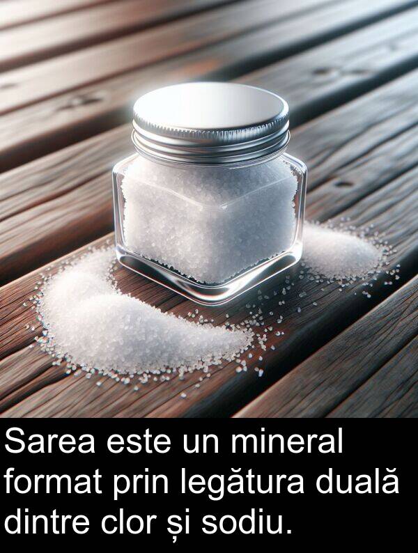 legătura: Sarea este un mineral format prin legătura duală dintre clor și sodiu.