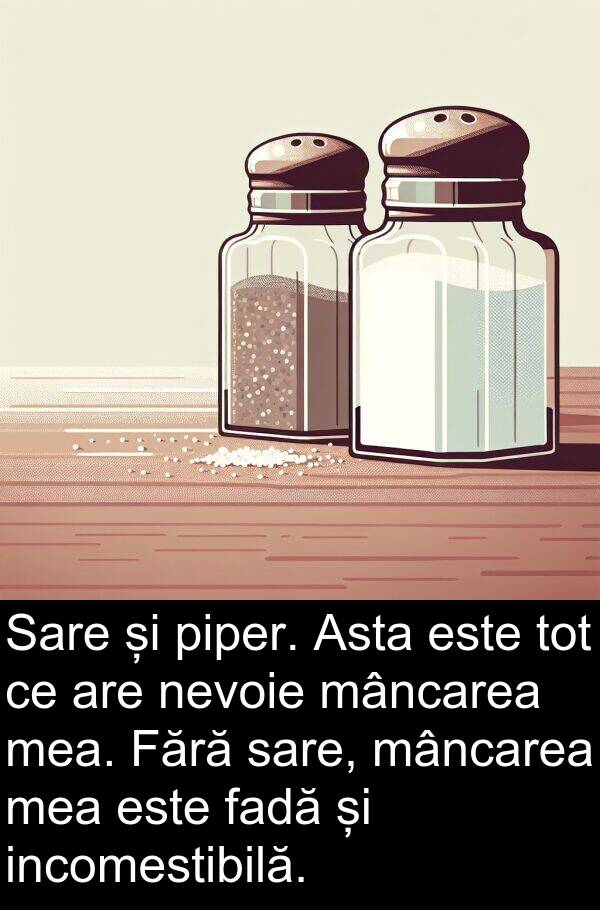 mâncarea: Sare și piper. Asta este tot ce are nevoie mâncarea mea. Fără sare, mâncarea mea este fadă și incomestibilă.
