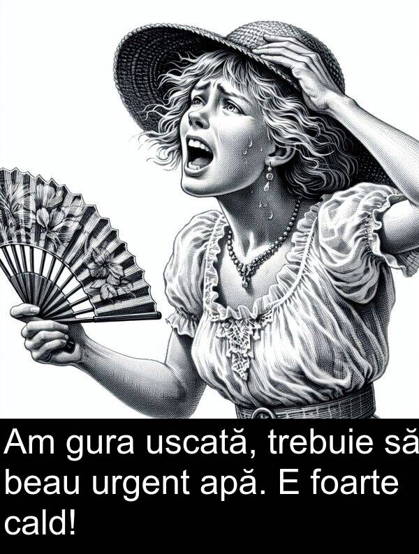 cald: Am gura uscată, trebuie să beau urgent apă. E foarte cald!