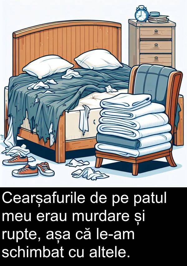 altele: Cearșafurile de pe patul meu erau murdare și rupte, așa că le-am schimbat cu altele.
