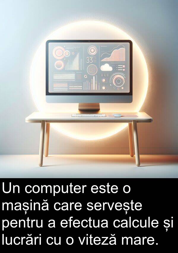 efectua: Un computer este o mașină care servește pentru a efectua calcule și lucrări cu o viteză mare.