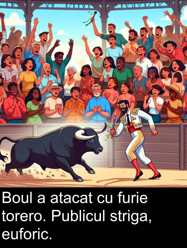 furie: Boul a atacat cu furie torero. Publicul striga, euforic.