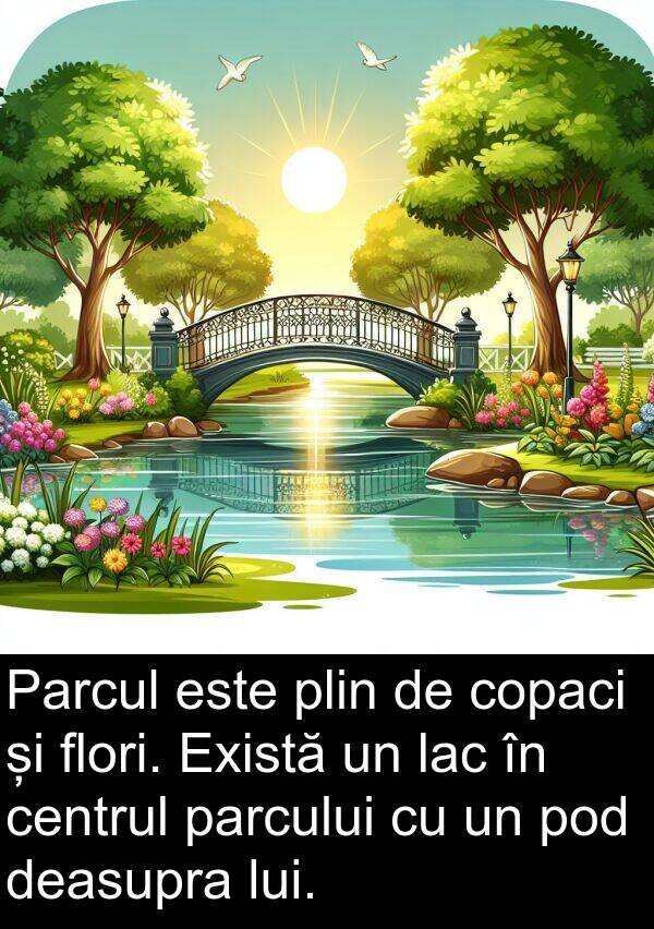 lac: Parcul este plin de copaci și flori. Există un lac în centrul parcului cu un pod deasupra lui.