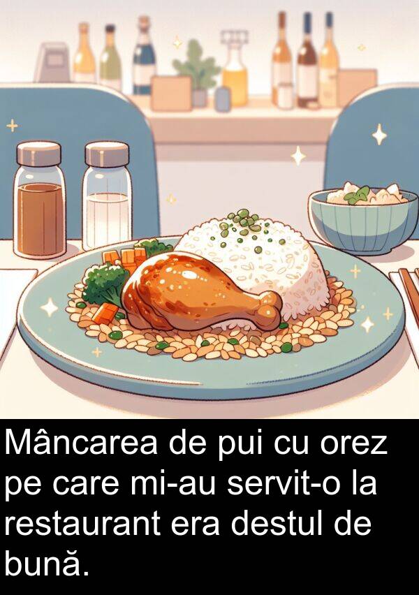 pui: Mâncarea de pui cu orez pe care mi-au servit-o la restaurant era destul de bună.
