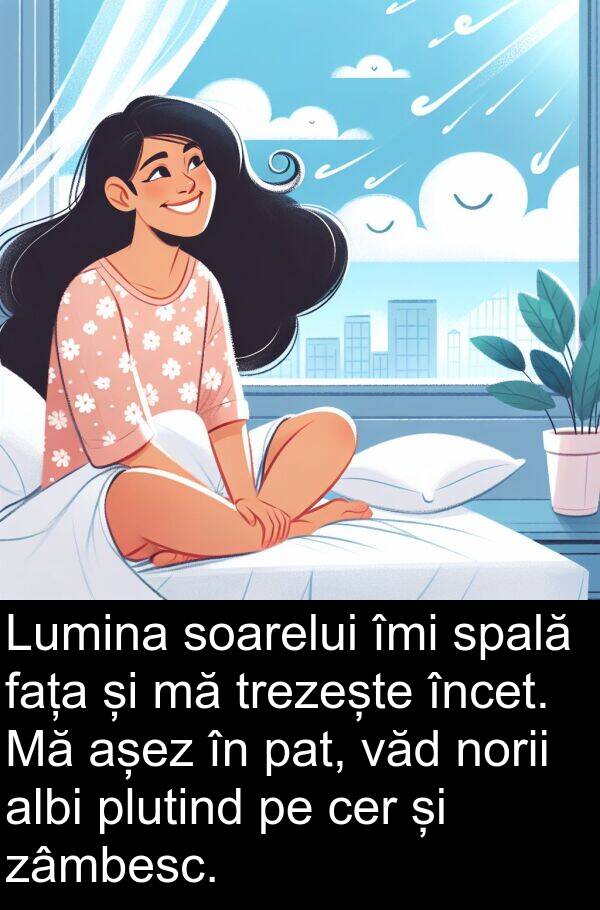 văd: Lumina soarelui îmi spală fața și mă trezește încet. Mă așez în pat, văd norii albi plutind pe cer și zâmbesc.