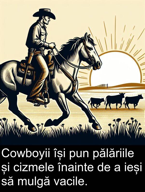 înainte: Cowboyii își pun pălăriile și cizmele înainte de a ieși să mulgă vacile.